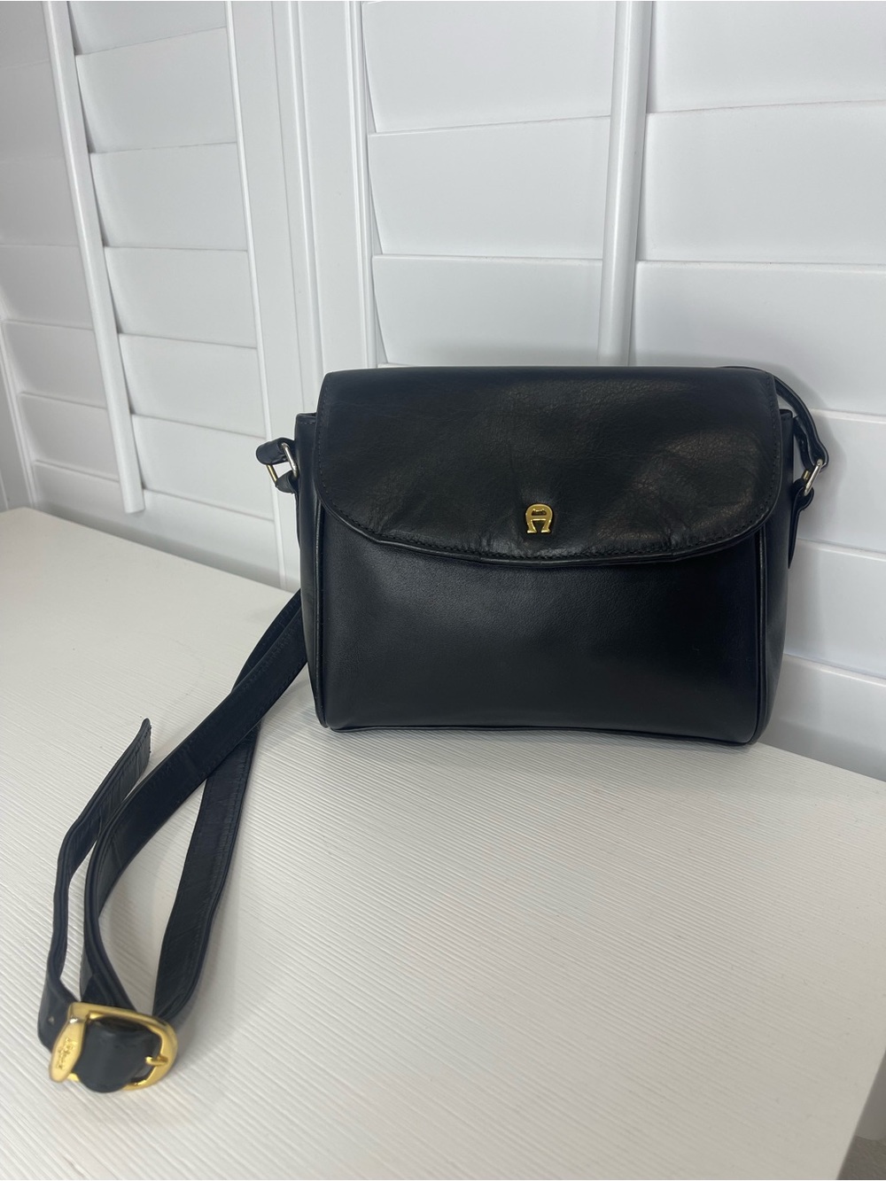 Vintage Etienne Aigner Black Leather Crossbody Bag with Gold Accent